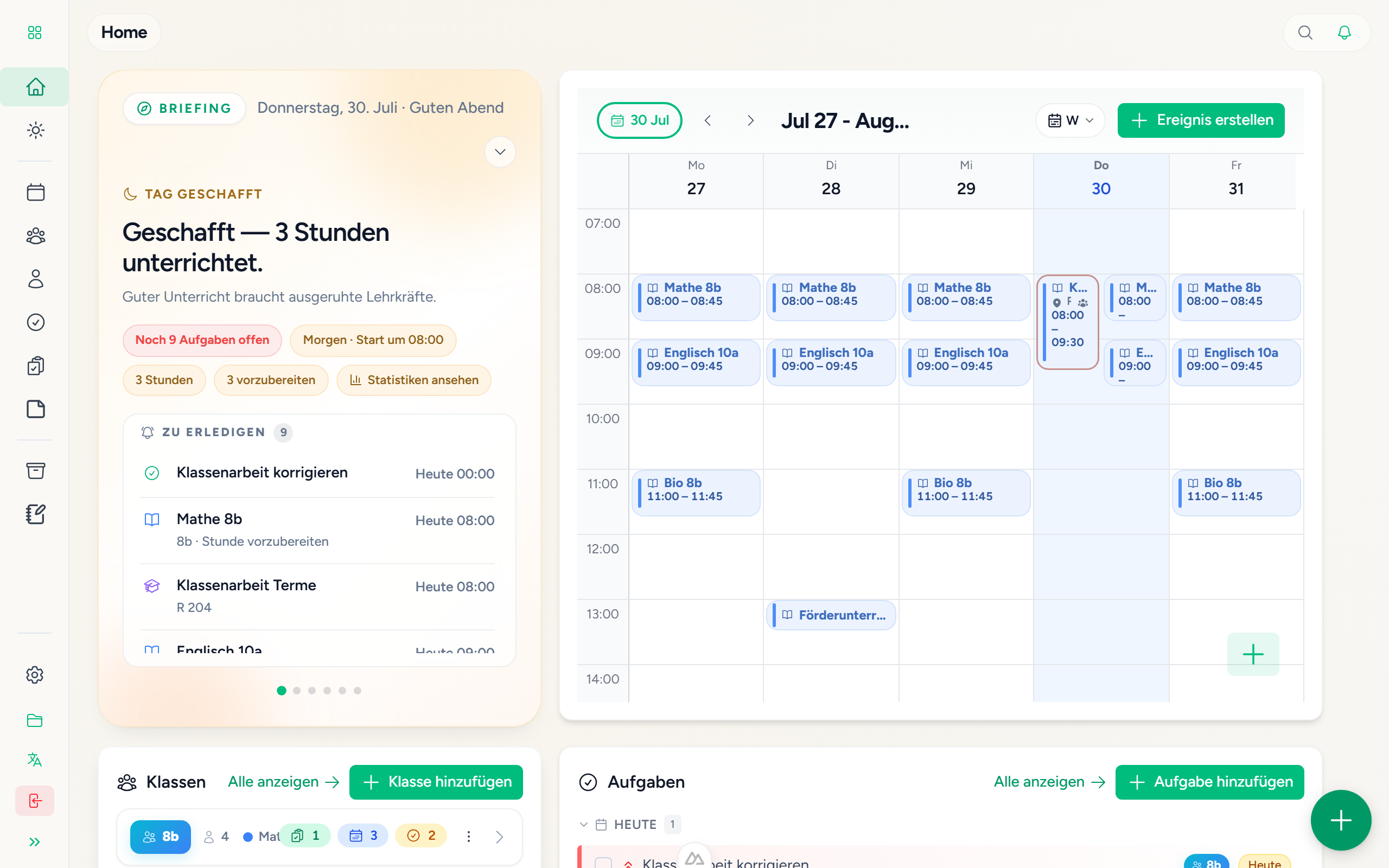 Das Edunizer-Dashboard mit den heutigen Stunden, offenen Aufgaben und der Klassenübersicht